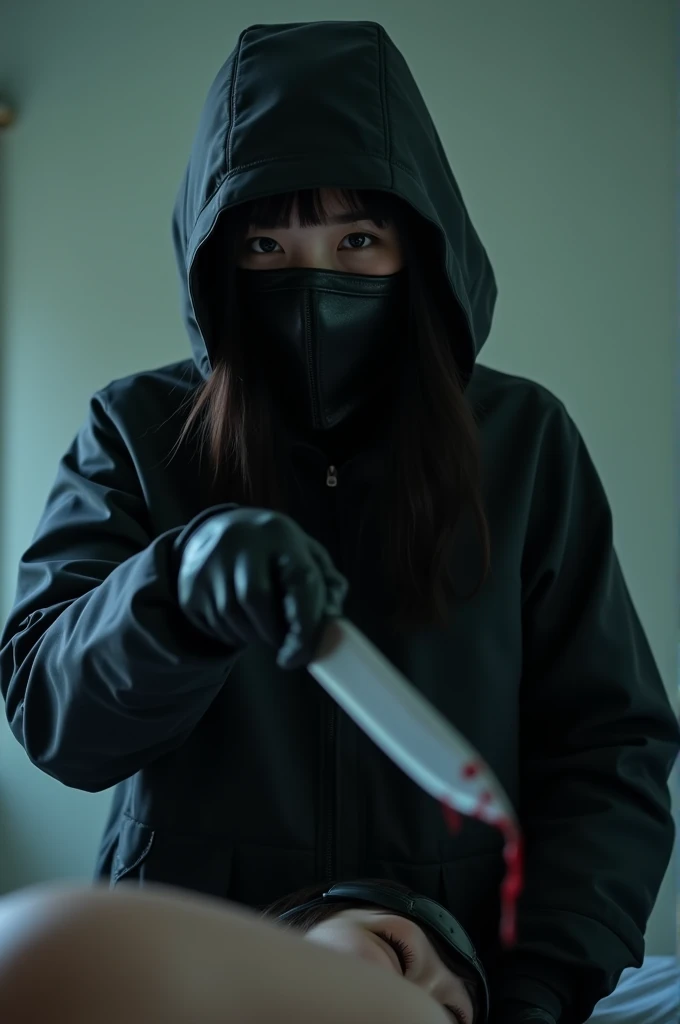 korean girl, (behind stiff, holding knife), stabbing, leather balaclava mask, black gloves, girl's room, black raincoat, hood up, bloody knife, black gloves, woman on top, behind cadaver, blood splatter, on the bed, looking at viewer, girl only, mass murderer, killer, blood splatter, dark atmosphere, cinematic lighting, atmospheric realistic, light from the window, close-up,