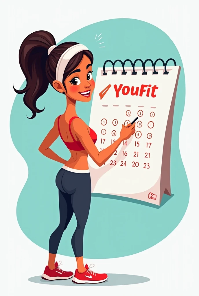 I want a cartoon woman, back in gym clothes, crossing off on a calendar the days she went to train 