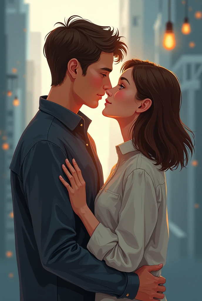 Make a simple good man he should be a programmer and he must look between 2 with brown eyes short hair and his girlfriend should with and it must be look like a romantic relationship but don't make too much and don't forget he a programmer and programmer are simple and his girlfriend also look so prety replace his girl with Alyssa Carson change background with some cool background but remember simple