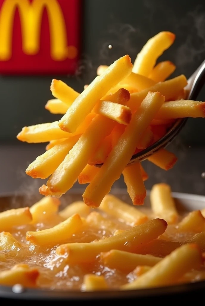 A hyper-realistic, high-contrast, 8K HD, ultra-detailed close-up shot of golden, crispy fries being lifted from hot oil in slow motion. The fries are perfectly cooked, with a golden-brown color, capturing the exact moment when they rise from the bubbling oil, dripping with deliciousness. The scene is accompanied by the crunch of the fries, with a subtle steam rising, emphasizing their freshly cooked nature. The background is blurred to keep the focus entirely on the fries, with the iconic 'W' logo subtly visible in the corner, reminiscent of the famous fast-food chain. The lighting is warm and inviting, enhancing the rich color of the fries, making them look irresistibly tasty.
