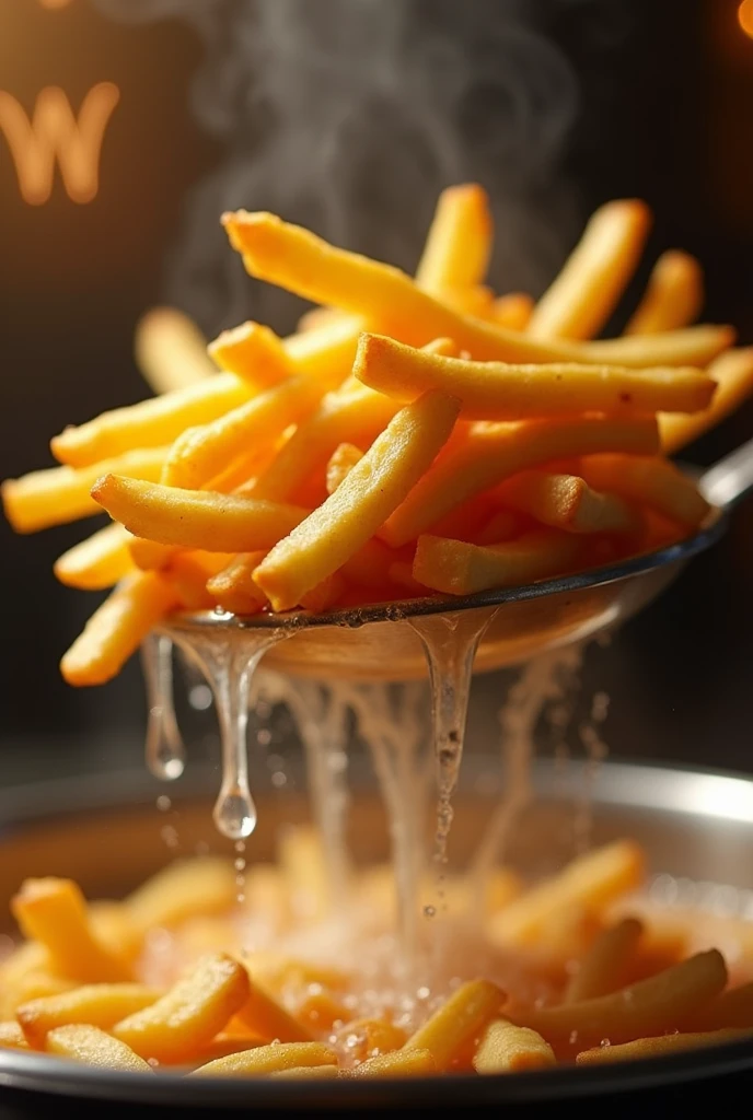 A hyper-realistic, high-contrast, 8K HD, ultra-detailed close-up shot of golden, crispy fries being lifted from hot oil in slow motion. The fries are perfectly cooked, with a golden-brown color, capturing the exact moment when they rise from the bubbling oil, dripping with deliciousness. The scene is accompanied by the crunch of the fries, with a subtle steam rising, emphasizing their freshly cooked nature. The background is blurred to keep the focus entirely on the fries, with the iconic 'W' logo subtly visible in the corner, reminiscent of the famous fast-food chain. The lighting is warm and inviting, enhancing the rich color of the fries, making them look irresistibly tasty.