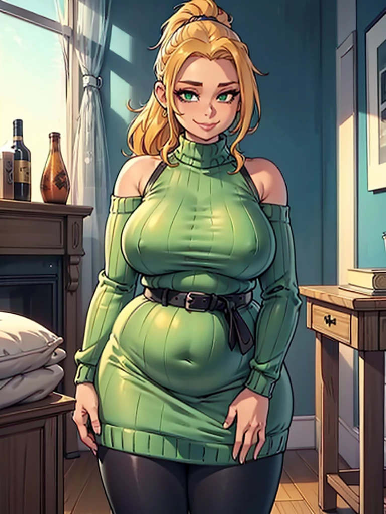 ((Masterpiece, best quality, perfect lighting, amazing shading)), (perfect anatomy, realistic proportions), field of depth, extremely beautiful, 1girl, (blonde hair), ponytail, green eyes, (neon blue sweater), leggings, (chubby), (ribbed sweater dress), exposed shoulders, black undershirt, high waisted belt, black tights, cute smile, inside cozy apartment livingroom background, detailed background, (cowboy shot)