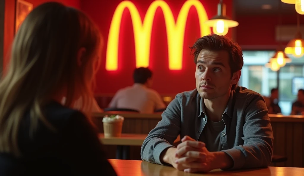 (masterpiece, best quality, ultra-detailed:1.3), (high-contrast, 8K HD:1.2), (realistic lighting, cinematic atmosphere), A Wack restaurant commercial, featuring two individuals sitting on chairs. The scene focuses on the man who is seated, showing his surprised and intrigued expression as he looks across the table at the other person. The room is lit with warm, inviting lighting, highlighting the Wack logo, which resembles a "W" similar to the McDonald's logo. The man’s expression is the focal point, capturing a mix of surprise and curiosity. Background elements are minimal to keep the attention on the interaction between the two individuals.
