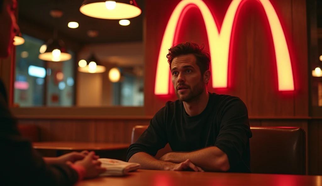 (masterpiece, best quality, ultra-detailed:1.3), (high-contrast, 8K HD:1.2), (realistic lighting, cinematic atmosphere), A Wack restaurant commercial, featuring two individuals sitting on chairs. The scene focuses on the man who is seated, showing his surprised and intrigued expression as he looks across the table at the other person. The room is lit with warm, inviting lighting, highlighting the Wack logo, which resembles a "W" similar to the McDonald's logo. The man’s expression is the focal point, capturing a mix of surprise and curiosity. Background elements are minimal to keep the attention on the interaction between the two individuals.
