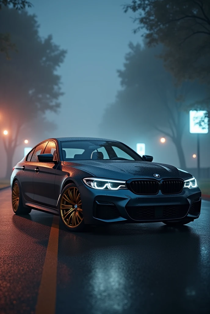 Bmw 320d pure black with gold alloy wheels 
Night time with mist 