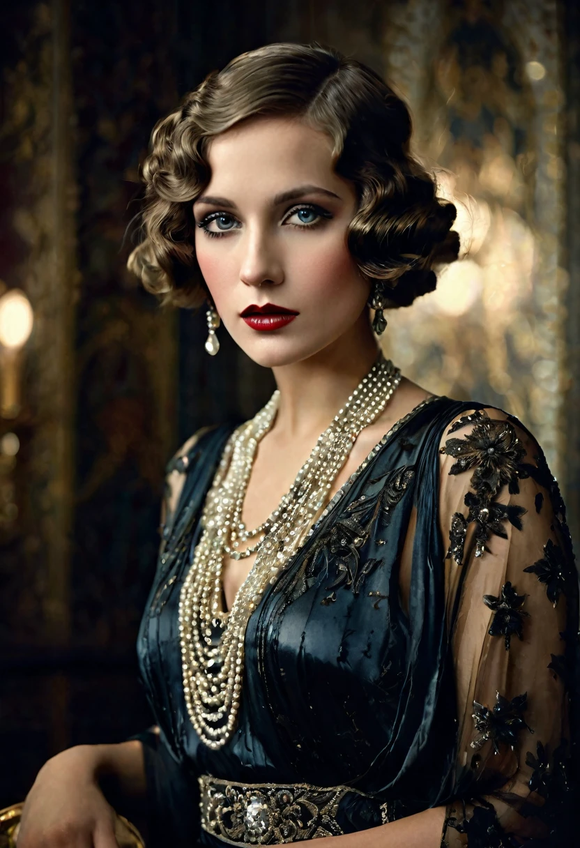 a beautiful woman in the weimar republic,1920s germany,decadent atmosphere,elegant dress,perfect makeup,chiaroscuro lighting,dramatic expression,high contrast,cinematic color palette,moody and atmospheric,intricate details,ornate jewelry,expressive eyes,delicate facial features,graceful posture,sophisticated style,glamorous and alluring,dramatic lighting,photorealistic,(best quality,4k,8k,highres,masterpiece:1.2),ultra-detailed,(realistic,photorealistic,photo-realistic:1.37),cinematic,dramatic,glamour,portrait,intricate,ornate,elegant,sophisticated