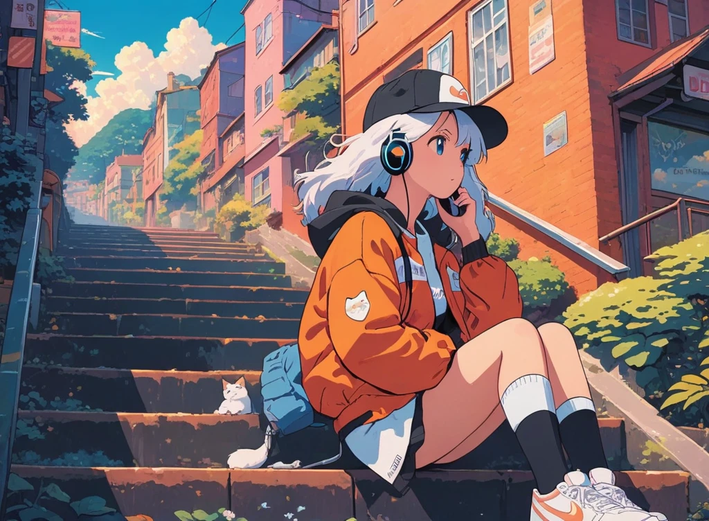 alone, lofi artstyle, lofi art, city, town, 80s anime style, Retro, Lo-Fi, masterpiece, best quality, (extremely detailed CG unity 8k wallpaper), (best quality), (best illustration), (best shadow), absurdres, realistic lighting, (Abyss), beautiful detailed reglow, Headphone, use headphone, 1girl, animal, baseball cap, black socks, cat, hat, jacket, long hair, long sleeves, orange hair, profile, shoes, sitting, sitting on stairs, sneakers, socks, solo, stairs, white footwear, white hair