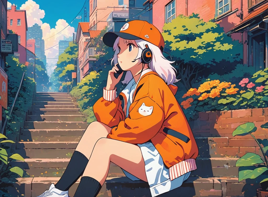 alone, lofi artstyle, lofi art, city, town, 80s anime style, Retro, Lo-Fi, masterpiece, best quality, (extremely detailed CG unity 8k wallpaper), (best quality), (best illustration), (best shadow), absurdres, realistic lighting, (Abyss), beautiful detailed reglow, Headphone, use headphone, 1girl, animal, baseball cap, black socks, cat, hat, jacket, long hair, long sleeves, orange hair, profile, shoes, sitting, sitting on stairs, sneakers, socks, solo, stairs, white footwear, white hair