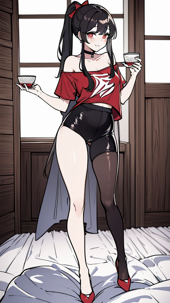 using pantimedies, wavy black hair, piercing look with deep red eyes, average stature, Silky hair with a ponytail hairstyle collected with a red bow with two white lines, has a vagina, has breasts, cup of breasts, small breasts, slim, foreground, Session, sitting in her room, standing in his room, wearing pantyhose, using pantimedies, Picardias, neckline, looking at the viewer, lascivious smile, ((oversized t-shirt)), off the shoulders, without pants, washing machines, thighs, ((White T-shirt)), standing, hands on the hips,, shoes, blush, from below, thighs gorditos, thighs grandes, big ass