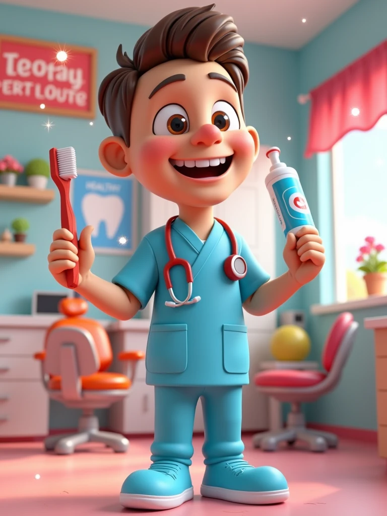 Create for the 3D Avatar Pixar Disney character from a friendly dentist for children's and adult videos called 'Dental Care Clinic'. The dentist must have a cheerful expression, large eyes and no round glasses and a warm smile. Your hair should be short and well. He uses bright blue exfoliations with a stethoscope around his neck and is portrayed with fun exaggeration, including large sparkles in a vibrant red color. The background presents a fun and inviting dental office, complete with a colorful dentist chair, bright healthy tooth posters on the walls and a small shelf full of toys with dental themes. The 'Dental Care Clinic' plate is featured with prominence. The dentist is holding a giant toothbrush in one hand and the other hand holding toothpaste  -upscale