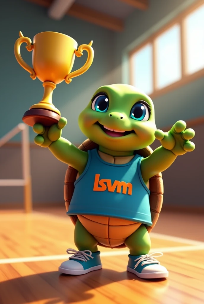 Waku, an adorable turtle with vibrant green skin and a rich brown shell, looks up with bright blue eyes shining with excitement, as if celebrating a triumphant spike, stands on a modern indoor volleyball court with polished wooden floors, waving and presenting to the spectators with his volleyball champion trophy, wearing a blue tank top with a stylized orange lowercase "lsvm" logo on the chest, his tiny tennis shoes tied and ready, capturing the essence of his cheerful and competitive spirit, with soft, warm lighting casting a comforting glow on the overall scene. He is greeting the public