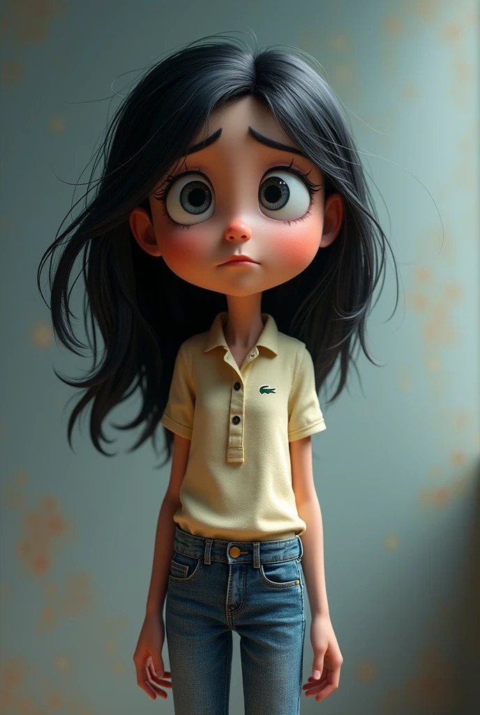 Inside Out 2 character sadness black hair Lacoste shirt and jeans from Inside Out 2