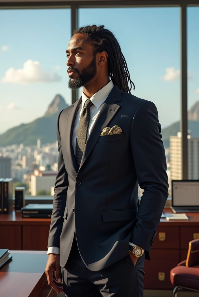 A black man with a.medium dreadlock comb, feeling a very elegant suit, in a law office and in the background a scene of Rio de Janeiro.
