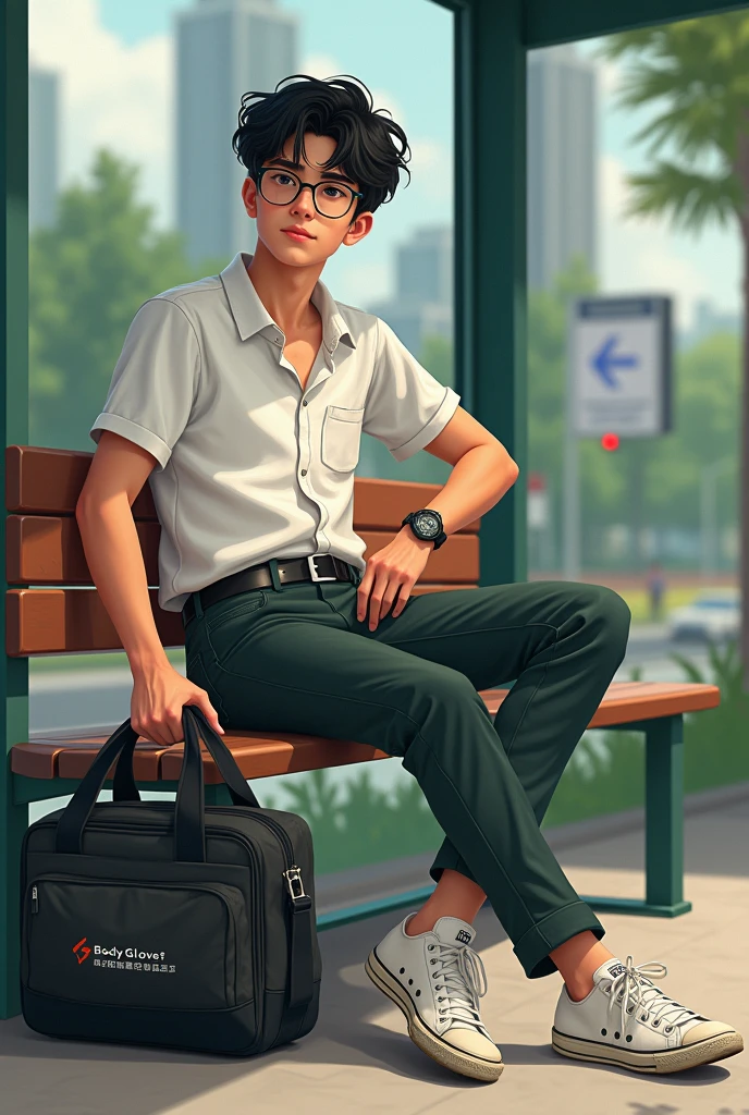 Malaysia man average 1. Teenage man , wear white collar clothes. Black belt. Dark green long pants. Holding body glove bag ,dirty white converse shoes. Sitting on the bus stops. Figure four lock. Wear g shocked watch. 