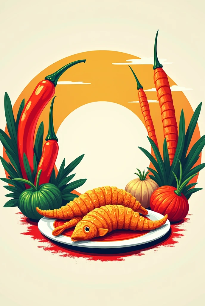 I want an image of the following. I just want a simple illustration like a brand or logo of the following. A space margin in the circle part for a name. A circular design with illustrations with super vivid colors of a Chile onion.,carrot and a plate of fried fish on the side.