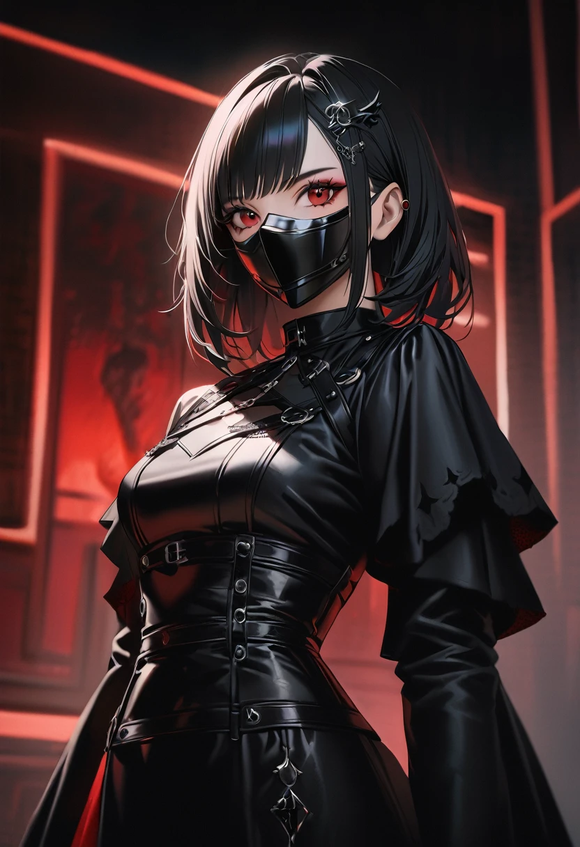 Highest quality、8k、masterpiece:1.3、Gothic Punk、The inside color is red、Black-haired、hair ornaments、Beautiful girl、creative、Dark Fantasy Style、Gothic Fashion、Fine skin、Sharp focus、(Cinematic lighting)、Realistic textured hair、((Black Mask)),Whole Body Ezbian、