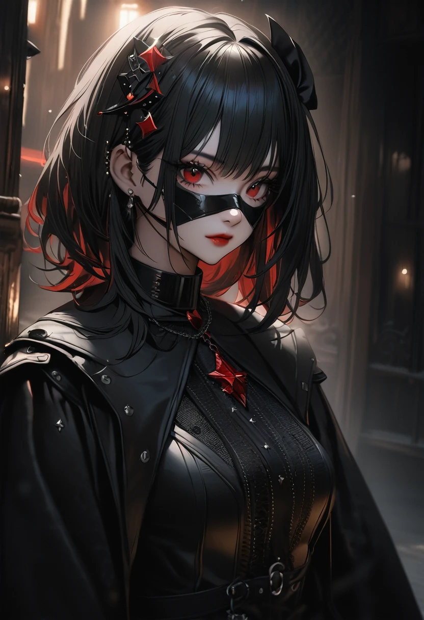 Highest quality、8k、masterpiece:1.3、Gothic Punk、The inside color is red、Black-haired、hair ornaments、Beautiful girl、creative、Dark Fantasy Style、Gothic Fashion、Fine skin、Sharp focus、(Cinematic lighting)、Realistic textured hair、((Black Mask)),Whole Body Ezbian、
