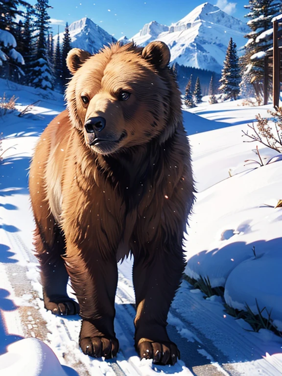 Snow Scenery, The background is snowy mountains, Brown Bear, (masterpiece), highest quality, uhd, retina, masterpiece, high details, high quality, best quality, highres, 4K