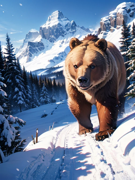 Snow Scenery, The background is snowy mountains, Brown Bear, (masterpiece), highest quality, uhd, retina, masterpiece, high details, high quality, best quality, highres, 4K