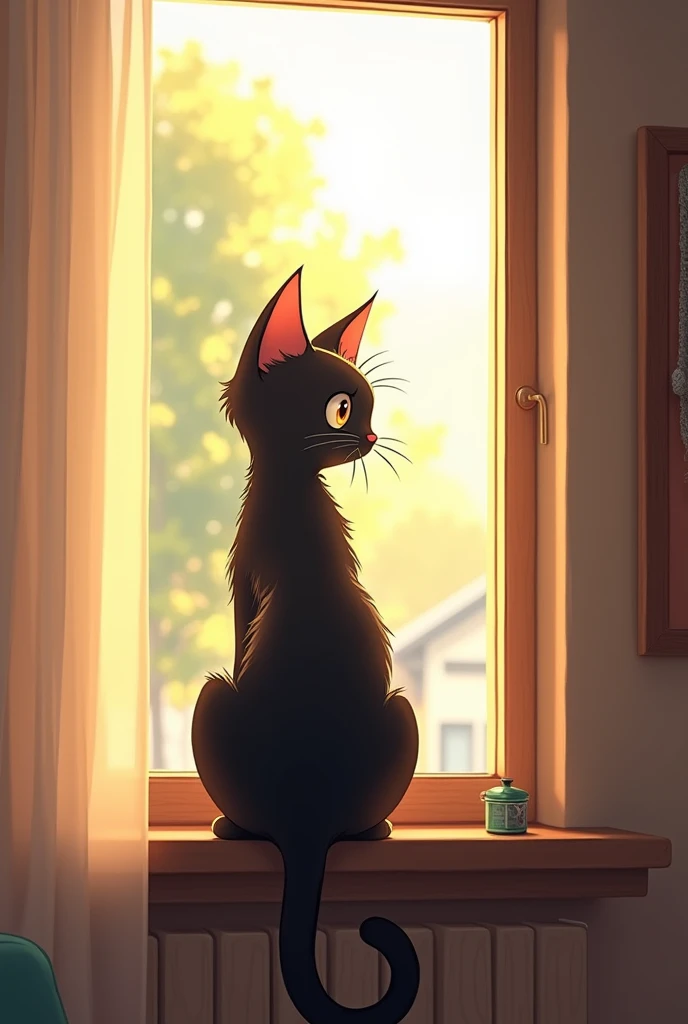 On a bright morning, a black cat named Piko is sitting on the window sill, looking out.