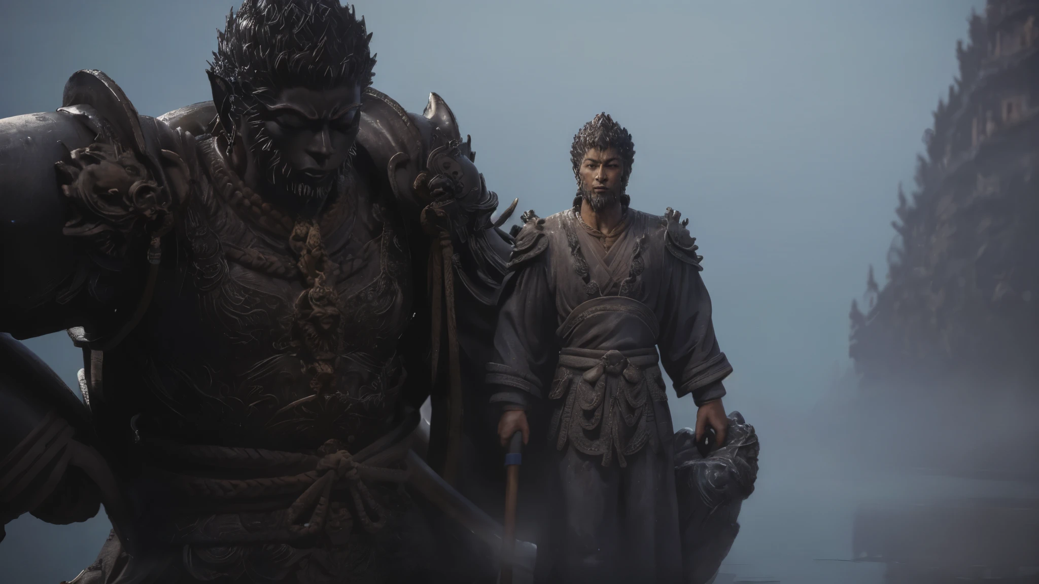 Very tiny Wukong \(black myth\) Gazing at a huge Buddha statue made of water，Swinging the Golden Cudgel，Jump up handsomely，After all the hardships，Stand in front of the Buddha statue，Sense of giants，Movie Feel，Lake fog，Perfect composition，close up，Shock