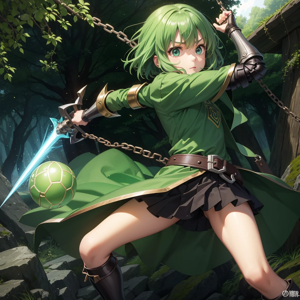 最high quality、high quality、Simple green cloth armor、１０Year-old girl adventurer、Equipped with a weapon that has a short chain at the end of a stick and a spiked iron ball at the end of the chain、In a dark maze、