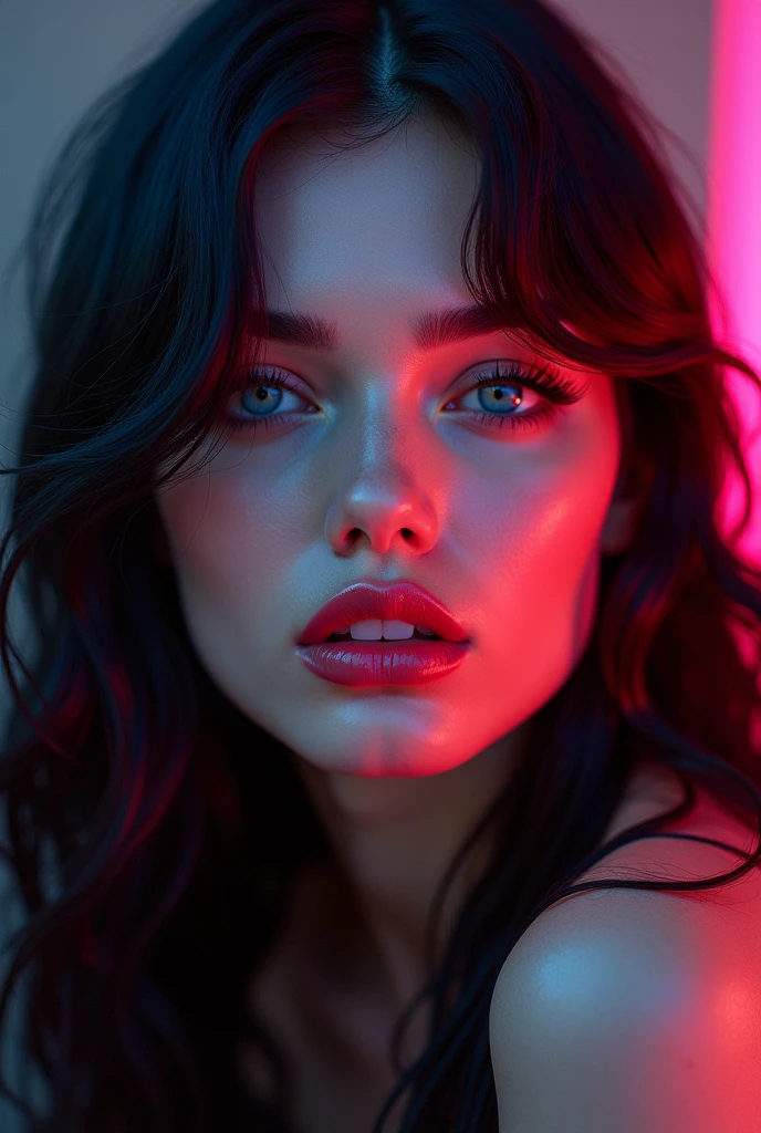 A two American girl who captures the essence of modern allure and edgy glamour. Her presence is magnetic, a combination of bold confidence and undeniable sex appeal. Her skin is a flawless porcelain, providing a striking contrast to her dark and vibrant aesthetic. Her hair is a mesmerizing cascade of jet-black strands, flowing down past her waist with neon pink and blaze red tips that add a rebellious flair. This striking hairstyle reflects her personality: bold, fearless, and unapologetically unique.
Her piercing blue eyes are a signature feature, exuding an intensity that draws people in. They are framed by thick, dramatic lashes and bold eyeliner, adding a touch of mystery and seduction to her gaze. Her full, plump lips are often painted in deep shades, such as a glossy black or vibrant red, enhancing her sensual appeal. Her makeup style is consistently bold and glamorous, featuring heavy eyeshadow that blends with neon colors, creating a captivating look that complements her overall aesthetic.
2 girls, two girls, big boobs