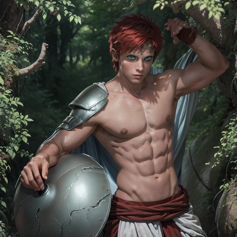 Shirtless, 1boy, ((younger)) , armor, warrior, Ancient Greece handsome, Greek model, blonde boy, Sabaku no Gaara, green eyes, red hair, symmetrical, focus on the boy, medium shot, looking at the camera, film grain, young god greek, beauty, pose, super model, young god greek beauty, representation of a Greek god, glorious, majestic, supreme, nature, artistic portrait, artistic pose, photography award. 