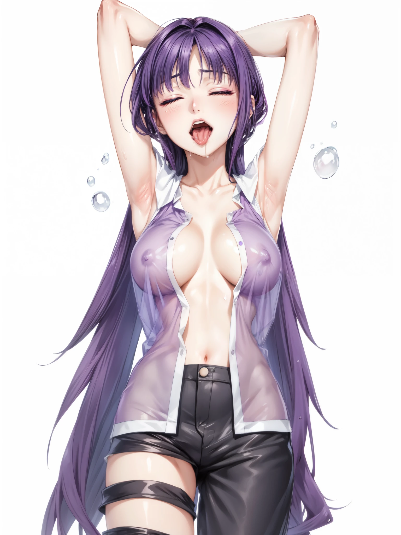 Sumire Kakei nude, sex, a beautiful girl, a  was drunk, cute face, sexy, purple long hair, beautiful eyes, 1 eyes closed, pink lips, open mouth, tongue out, saliva on tongue, a lot sperm in body, happy expression, 2 arm up, armpit, soft skin, open sleeveless purple shirt, transparent clothes, big breasts, big nipple cleavage, soft body, wet body, black shorts, masterpiece, realistic, color details