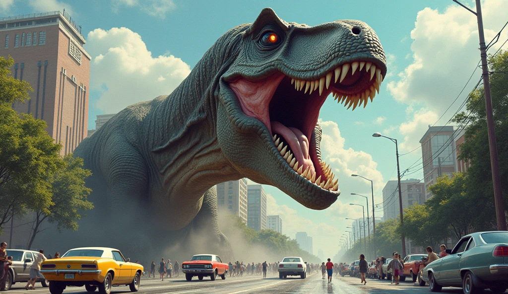 A giant T-Rex head and neck bursting through asphalt,humorous 3D chalk drawing,cars and people running away in panic,hyperrealistic,highly detailed,photorealistic,incredibly detailed,cinematic lighting,dramatic shadows,vivid colors,dynamic composition,masterpiece