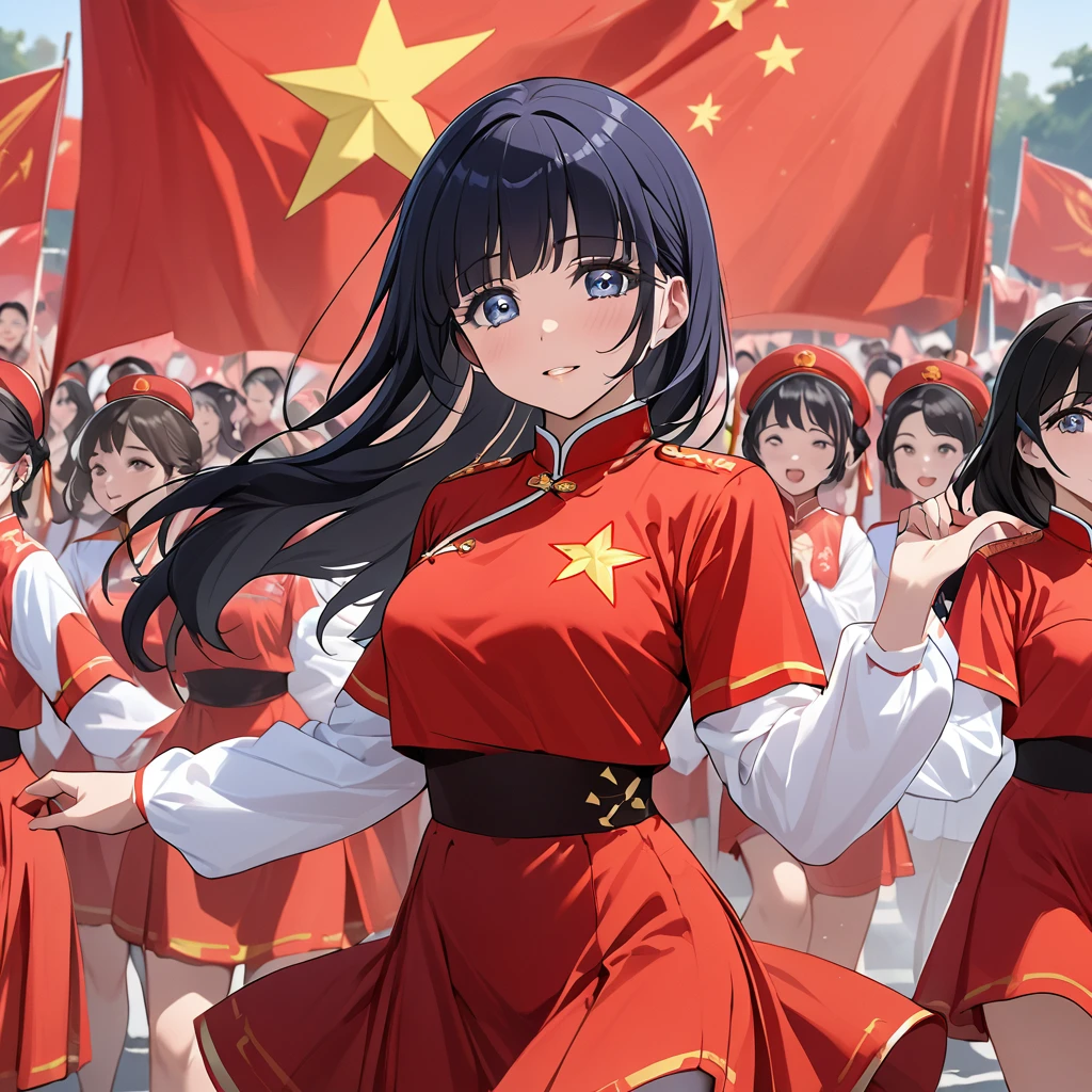 ((Highest quality)), ((masterpiece)), (detailed), （Perfect Face）、The woman is Aoki Reika, has medium-long hair and is a member of the Chinese Communist Party.、A woman is wearing a Chinese Communist Party folk dance costume and performing a dance with female members at a Communist Party rally.