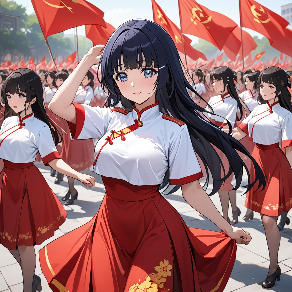 ((Highest quality)), ((masterpiece)), (detailed), (Perfect Face)、The woman is Aoki Reika, has medium-long hair and is a member of the Chinese Communist Party.、A woman is wearing a Chinese Communist Party folk dance costume and performing a dance with female members at a Communist Party rally.