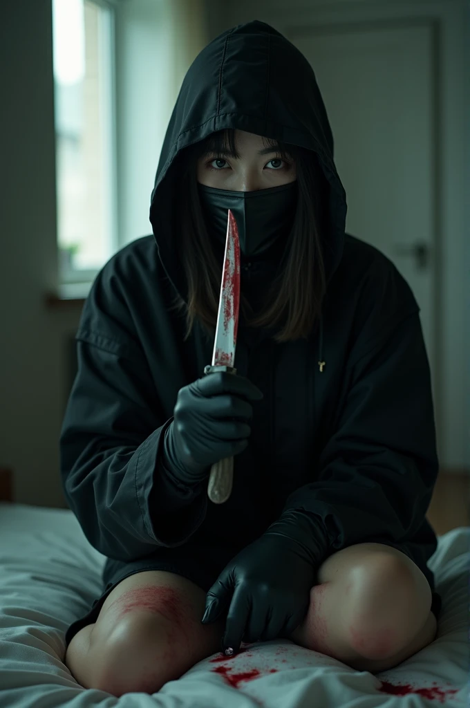 korean girl, (behind stiff, holding knife), stabbing, leather balaclava mask, black gloves, girl's room, black raincoat, hood up, bloody knife, black gloves, woman on top, behind cadaver, blood splatter, on the bed, looking at viewer, girl only, mass murderer, killer, blood splatter, dark atmosphere, cinematic lighting, atmospheric realistic, light from the window, close-up,
