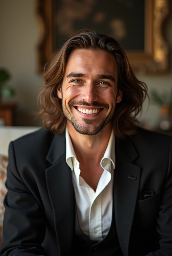 man in formal wear with long brown hair, with a captivating smile that is less artificial, with home scenery