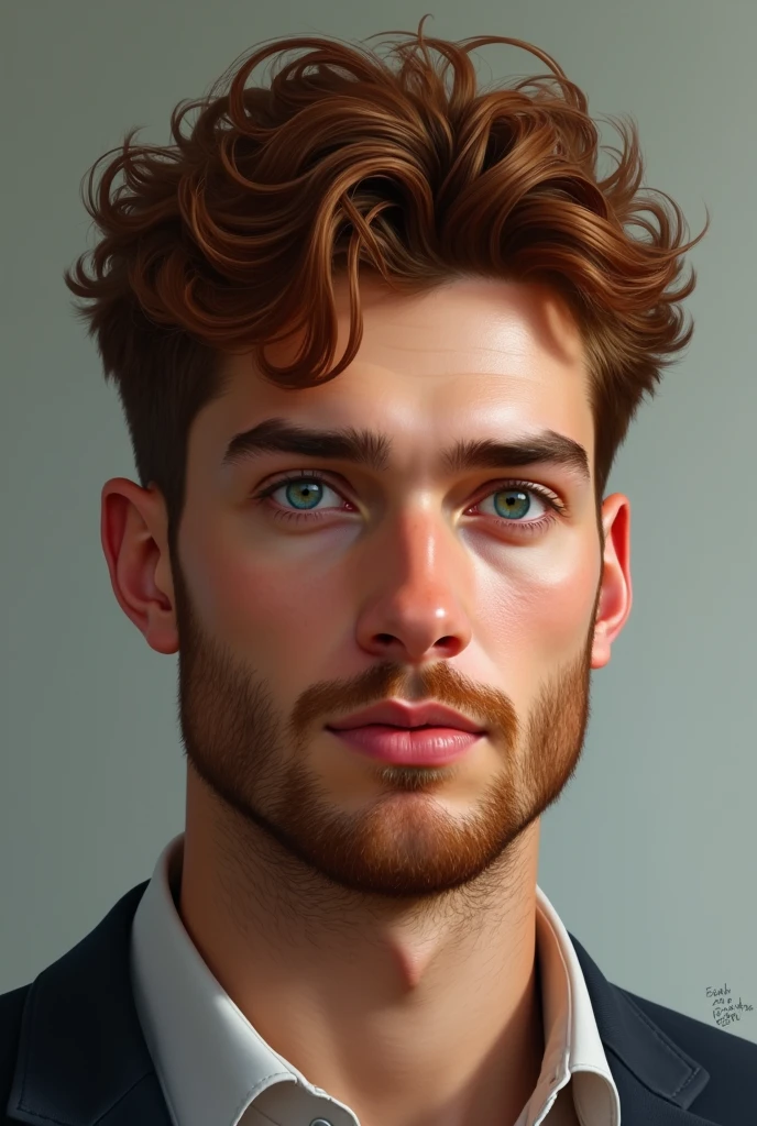 Young Male with short curly dark auburn hair and blue-green eyes with beard collar