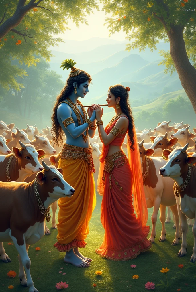 Create lord radhai and krishna with cows singing song