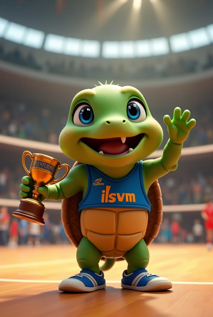 Waku, an adorable turtle with vibrant green skin and a rich brown shell, looks up with bright blue eyes shining with excitement, as if celebrating a triumphant spike, stands on a modern indoor volleyball court with polished wooden floors, waving and presenting to the spectators with his volleyball champion trophy, wearing a blue tank top with a stylized orange lowercase "lsvm" logo on the chest, his tiny tennis shoes tied and ready, capturing the essence of his cheerful and competitive spirit, with soft, warm lighting casting a comforting glow on the overall scene. He is greeting the public
