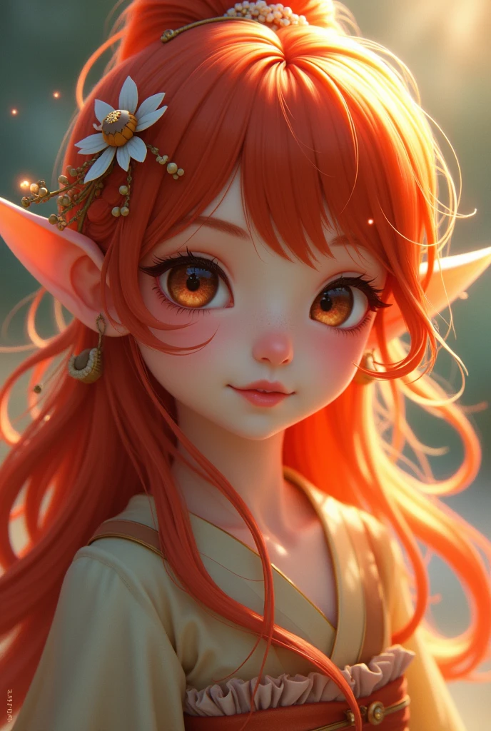1 Japanese elf girl, red haired and brown eyed