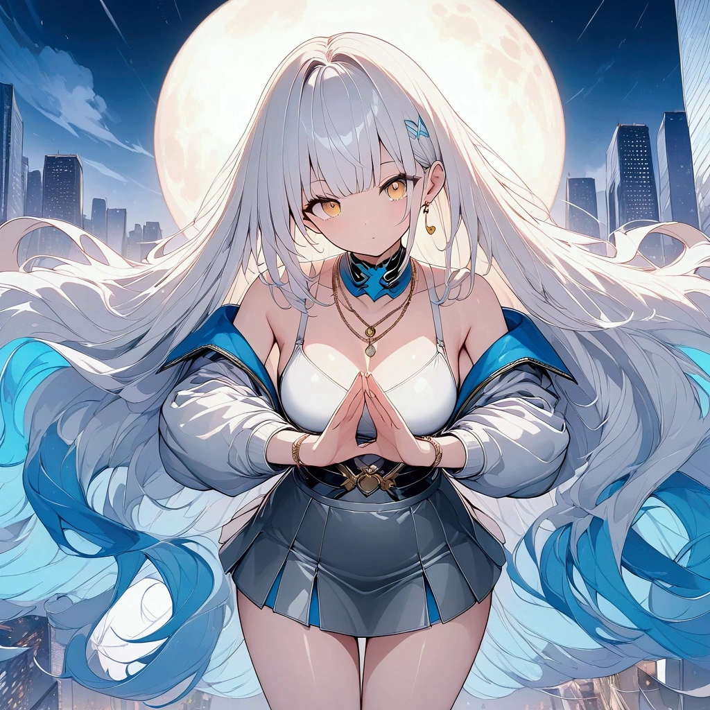 (((anime))) One Woman,Holding a Japanese sword,Draw sword with both hands,samurai,Long Hair,Fluffy long hair,(White Hair),Oblique bangs,One eye is hidden,necklace,Yellow Eyes,Big eyes, silver cyber suit,Drop shoulder,mini skirt,Blue Boots,Modern city,Neon color,moon,masterpiece,Highest quality,Exquisite,8k,Absurd,Ultra-fine illustrations,(View your audience)