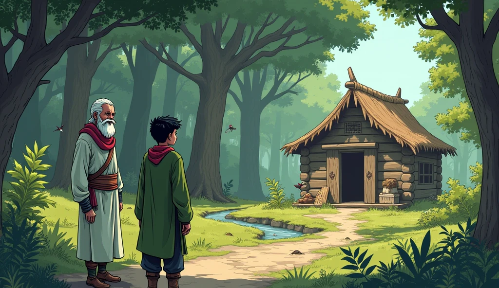 Certainly! Here’s the revised prompt for number 5 with added background details:
5. **Arav arriving at Sage Bhaskar’s hut**: Comic style. **Arav, still the young adult warrior**, stands in front of a simple wooden hut nestled in a peaceful forest clearing. The hut is surrounded by lush greenery, with tall, ancient trees casting dappled shadows on the ground. A small stream flows gently nearby, reflecting the serene environment. Arav's short black hair is tied back, and his red scarf is visible over his traditional armor, partially covered by a green cloak. Sage Bhaskar, an elderly man with a long white beard and wise blue eyes, dressed in white robes, stands outside the hut, smiling warmly at Arav. In the background, birds can be seen perched on the branches, and the sky is a soft blue, indicating a calm and peaceful setting.
Sage Bhaskar welcoming Arav: Comic style. Arav, maintaining his youthful appearance, bows respectfully as Sage Bhaskar greets him. Arav's expression is a mix of respect and curiosity. He’s dressed in his green cloak, with the red scarf clearly visible. The sage, with his long white beard and blue eyes, gestures for Arav to enter, his white robes flowing gently.
