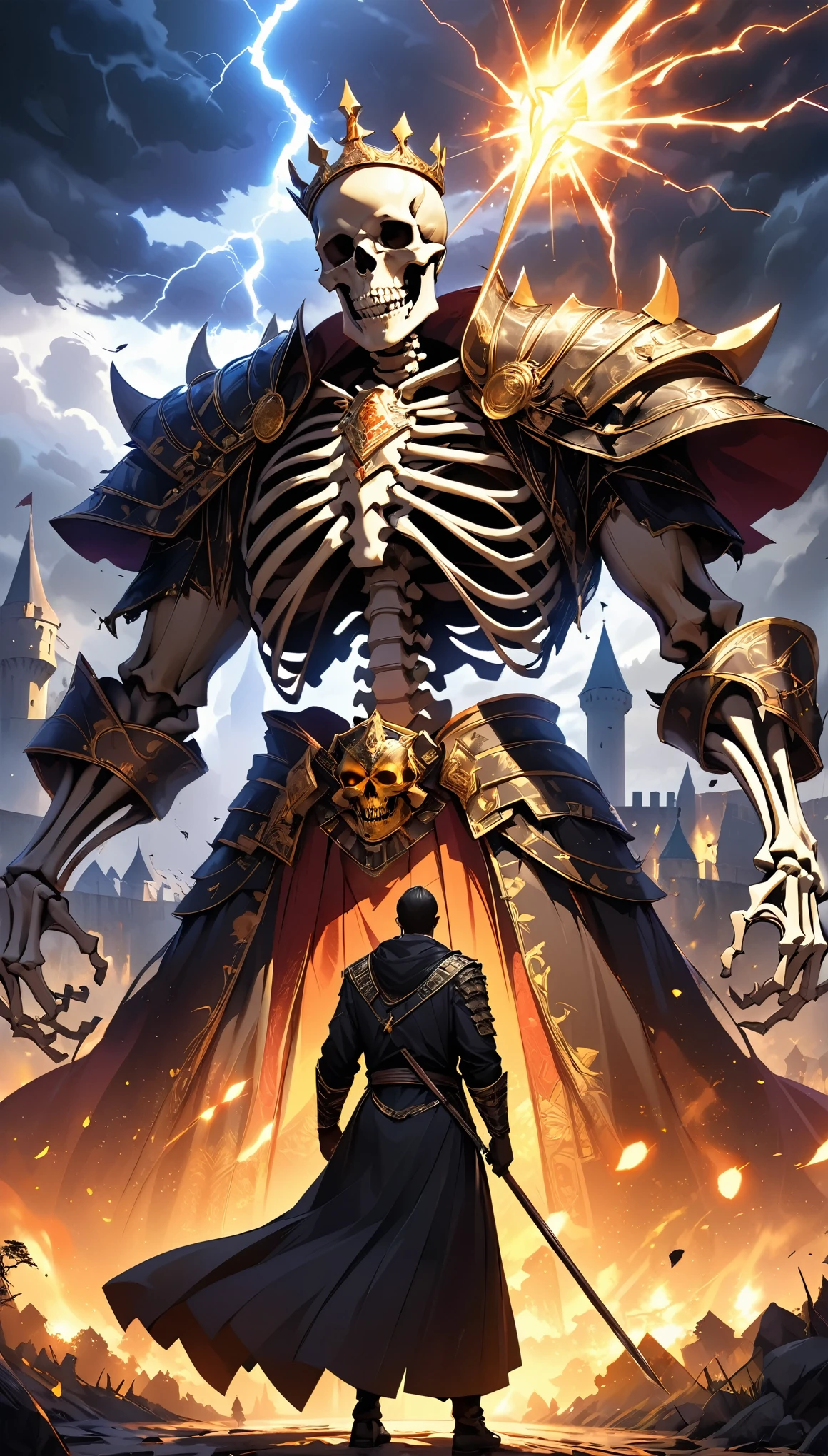 Skeleton King, alone, Skeleton Hero, Ritchie, Immortal King, Wearing a heavy, richly decorated robe:1.2, Object of Awe, Set up camp in front of the old castle, Dark clouds and thunder, Miasma is floating around, Symbol of authority, High-quality texture, A sacred atmosphere, Background of the old castle, Magnificent light effects, Fanatics, Servant, (Highest quality:1.2, Very detailed, Latest, Vibrant, Ultra-high resolution, High Contrast, masterpiece:1.2, Highest quality, Best aesthetics),