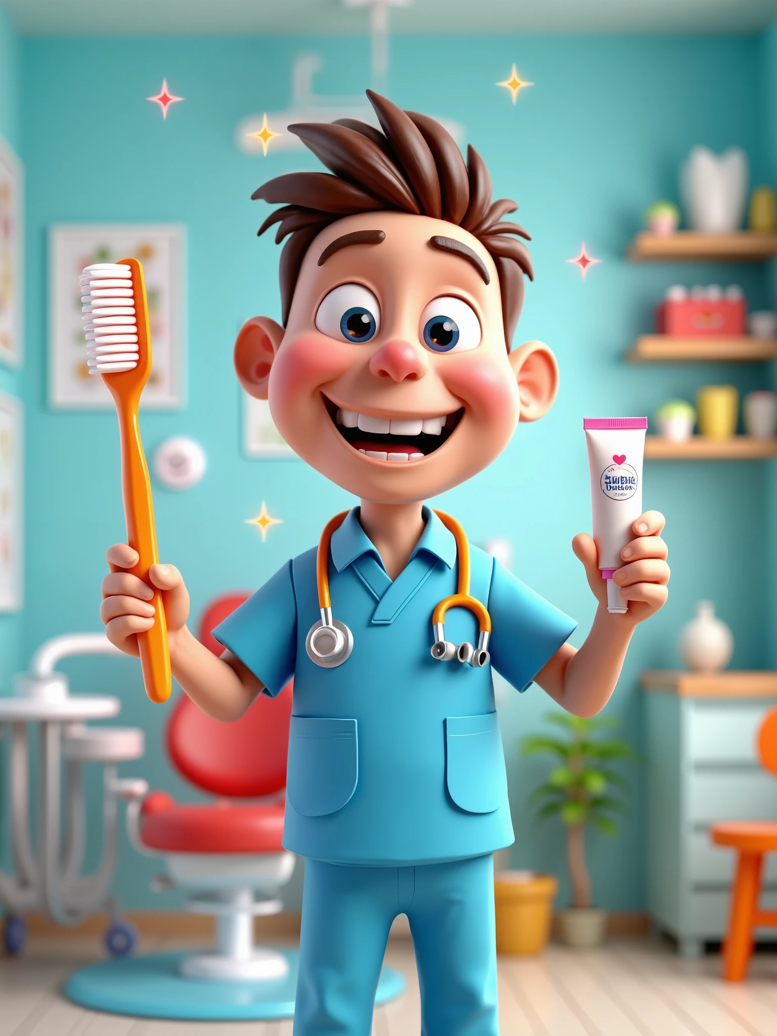 Create for the 3D Avatar Pixar Disney character from a friendly dentist for children's and adult videos called 'Dental Care Clinic'. The dentist must have a cheerful expression, large eyes and no round glasses and a warm smile. Your hair should be short and well. He uses bright blue exfoliations with a stethoscope around his neck and is portrayed with fun exaggeration, including large sparkles in a vibrant red color. The background presents a fun and inviting dental office, complete with a colorful dentist chair, bright healthy tooth posters on the walls and a small shelf full of toys with dental themes. The 'Dental Care Clinic' plate is featured with prominence. The dentist is holding a giant toothbrush in one hand and the other hand holding toothpaste  -upscale