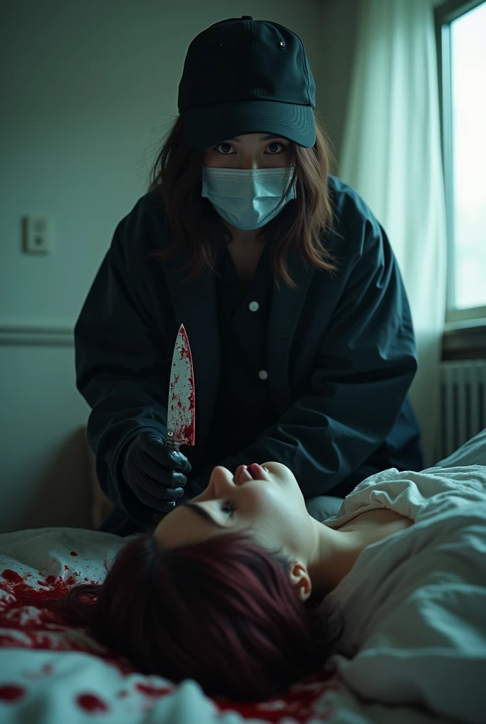 korean girl, (behind stiff, holding knife), stabbing, suigical mask, black gloves, cute room, black raincoat, trucker hat, bloody knife, black gloves, woman on top, behind cadaver, blood splatter, on the bed, looking at viewer, mass murderer, killer, blood splatter, dark atmosphere, cinematic lighting, atmospheric realistic, light from the window,
