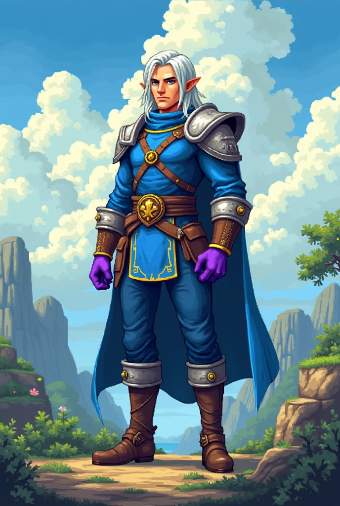 A heroic man named Eris, with white hair and blue clothes wearing purple gloves he is brave and strong (in pixel art like zelda's link)