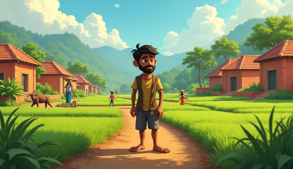 In Cinematic 2d cartoon style indian villege
"A poor farmer named Ramu 25 year man worked for his khet bad decisions