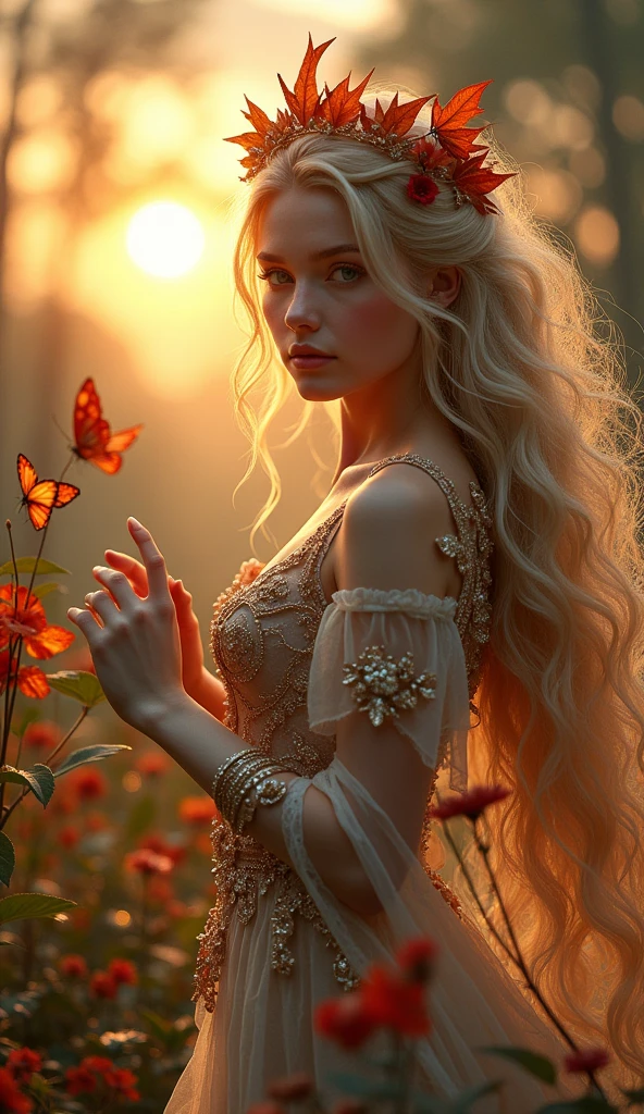 (High quality, ultra detailed by hand) (detailed hands) Goddess of nature, detailed face, crystalline eyes, face with makeup, blush and lipstick, detailed hairlines and eyebrows, Temperamental, impulsive, creative, impatient and assertive style. blonde hair, tiara of red dried leaves, (((half body from the knees up))), transparent dress embroidered in iridescent gold threads, detailed and intricate, in a dynamic pose, in the enchanted forest, flowers, animals, glowing butterflies, In the background of the evening sun between colorful clouds, rays of light reflect from behind on the hair, a dazzling fantasy of charm and magic. In the best quality, HDR, 8k.