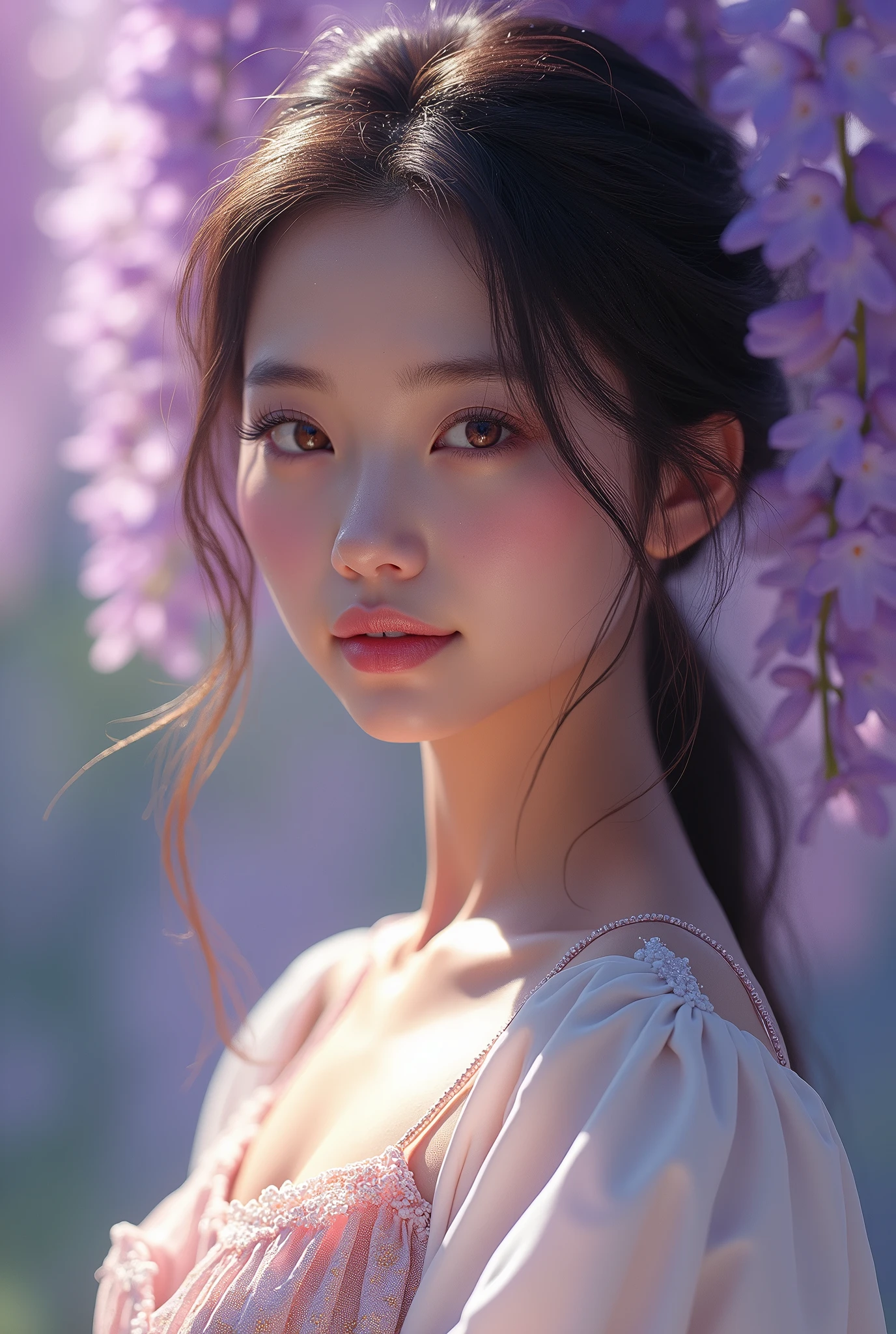 (masterpiece,Highest quality:1.4),(8k,RAW Photos,Photorealistic:1.4),Ultra-high resolution, ,(Glowing Skin:1.4),Detailed肌,Detailed顔,Detailed目,(Beautiful and shining eyes:1.2),Symmetrical eyes,Detailed耳,One person,Natural Makeup,(((Junior idol))),,Detailed背景,Vivid background,Beautiful and shiny hair,,((Average teenage breasts)),,(Detailed Taisho Otome,Schoolgirl clothes,Realistic beautiful teen,Maple flutters,mysterious,whole body),,((Sharp Face)),Natural light,,(Very detailed ,,online shopping,LUMINE® Market,),,Wisteria flower background,Professional,(Detailed,Location was great.),