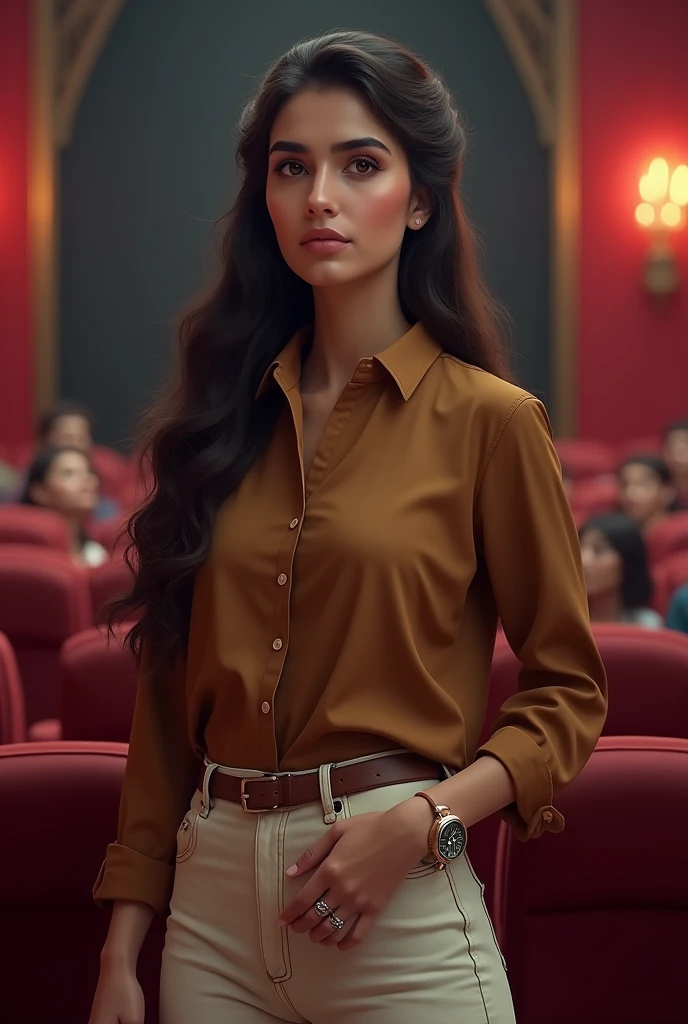 (photorealism:1.2), beautiful pakistani women wear brown shirt off white jeans pent wear watch in write hand brown ring massy hair bun stand in cinema  