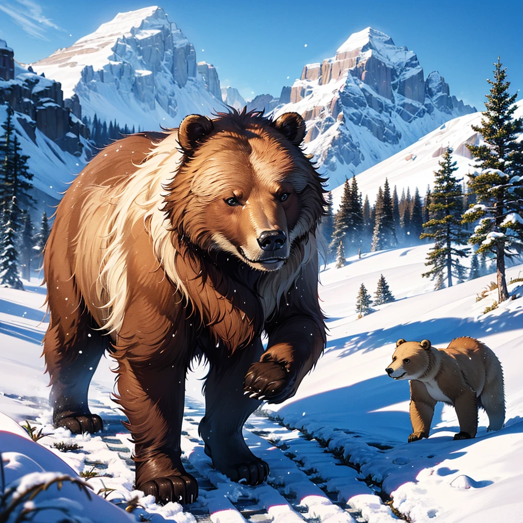 Snow Scenery, The background is snowy mountains, Brown Bear, (masterpiece), highest quality, uhd, retina, masterpiece, high details, high quality, best quality, highres, 4K