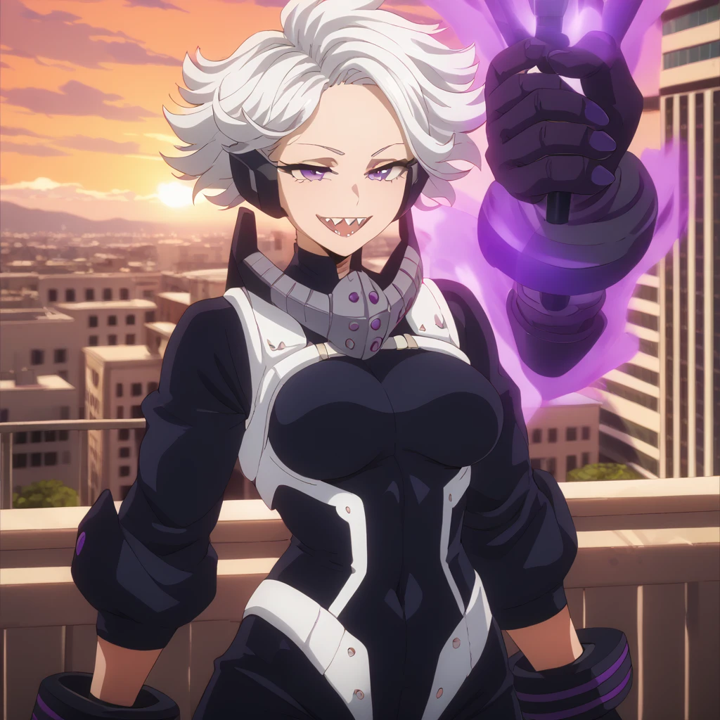 (NSFW) Detailed, best quality, 1 female, big arms, purple aura, cowboy shot, big tits, MHA style, black body suit, heavy artillery suit, gloves, white hair, bowl cut hair style, purple eyes, fully lidded eyes, evil eyes, large open smile, sharp teeth, stocky, very muscular, balcony, city background, beautiful sunset sky